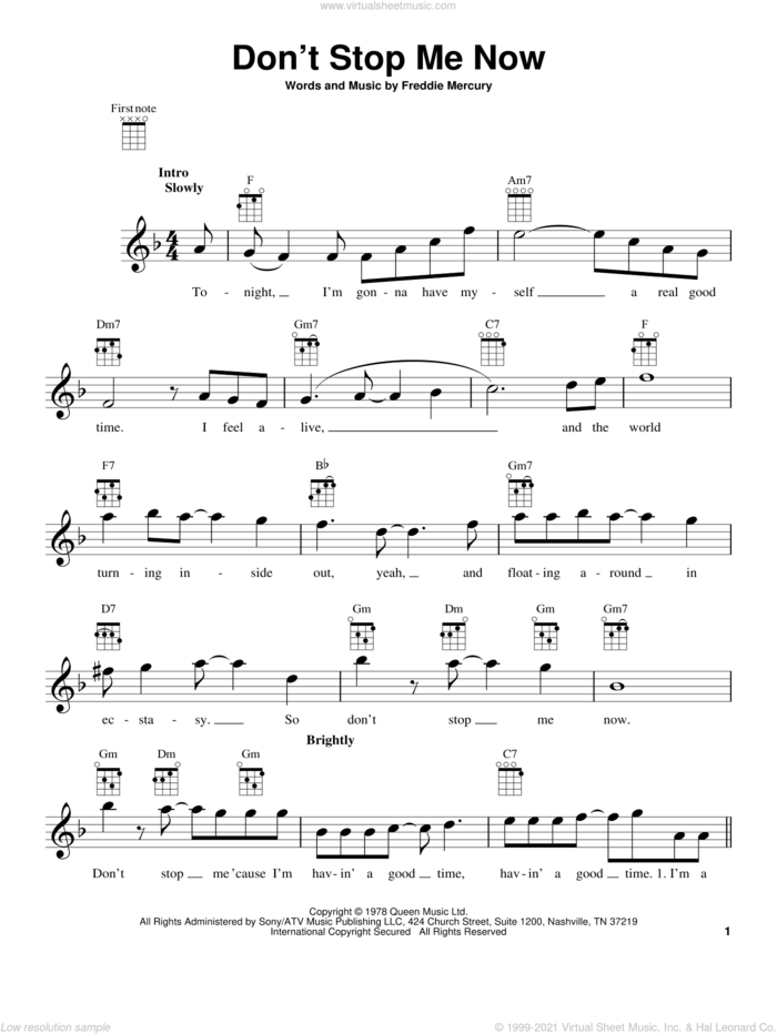 Don't Stop Me Now sheet music for ukulele by Queen and Freddie Mercury, intermediate skill level