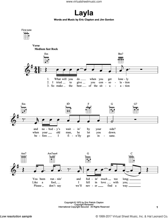 Layla sheet music for ukulele by Eric Clapton, Derek And The Dominos and Jim Gordon, intermediate skill level