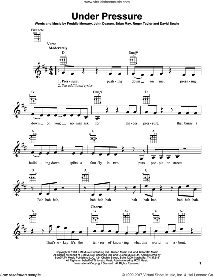 Under Pressure sheet music for ukulele by Queen, Brian May, David Bowie, Freddie Mercury, John Deacon and Roger Taylor, intermediate skill level