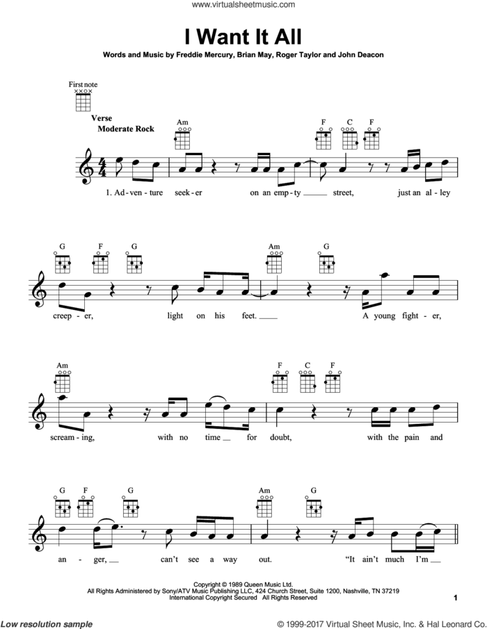 I Want It All sheet music for ukulele by Queen, Brian May, Freddie Mercury, John Deacon and Roger Taylor, intermediate skill level