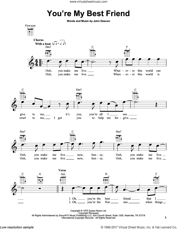 You're My Best Friend sheet music for ukulele by Queen and John Deacon, intermediate skill level