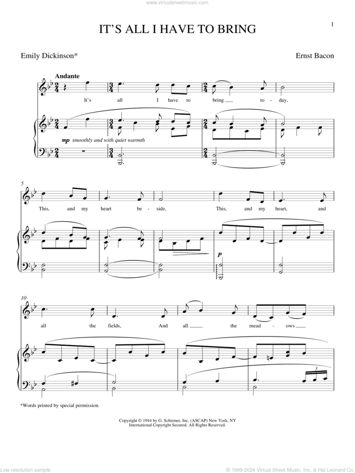 It's All I Have To Bring (Bacon) sheet music for voice and piano (Soprano) by Emily Dickinson and Ernst Bacon, classical score, intermediate skill level