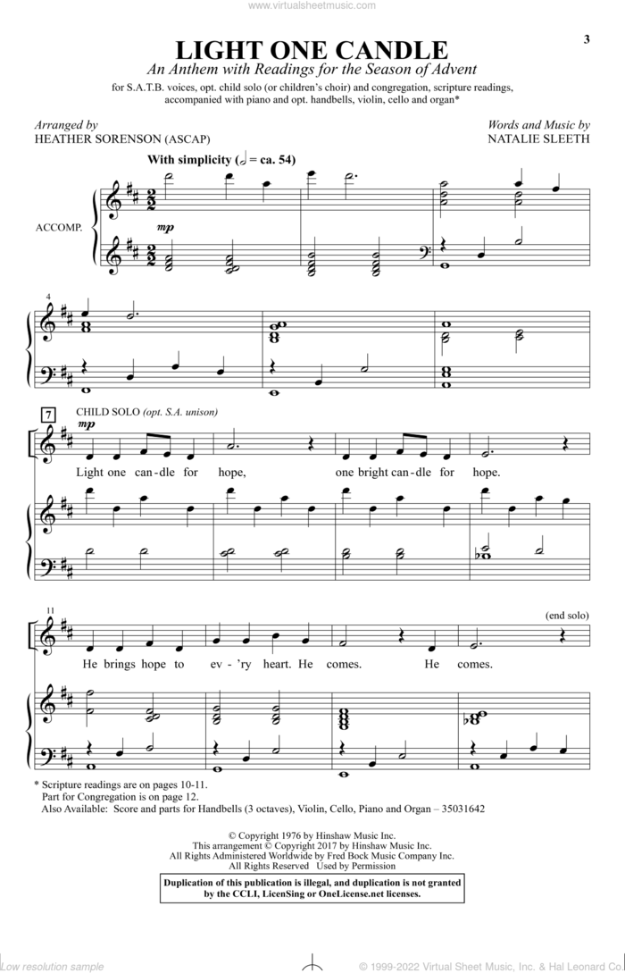 Light One Candle sheet music for choir (SATB: soprano, alto, tenor, bass) by Heather Sorenson and Natalie Sleeth, intermediate skill level