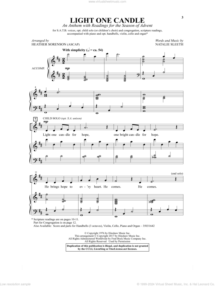 Light One Candle sheet music for choir (SATB: soprano, alto, tenor, bass) by Natalie Sleeth and Heather Sorenson, intermediate skill level