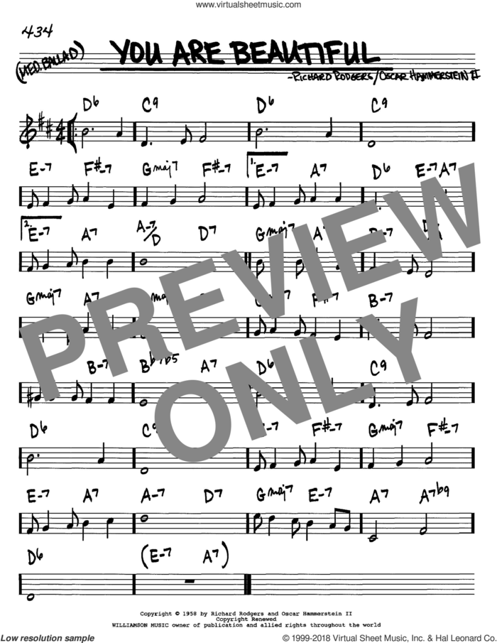 You Are Beautiful sheet music for voice and other instruments (in C) by Rodgers & Hammerstein, Oscar II Hammerstein and Richard Rodgers, intermediate skill level