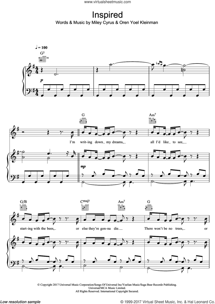 Inspired sheet music for voice, piano or guitar by Miley Cyrus and Oren Yoel Kleinman, intermediate skill level