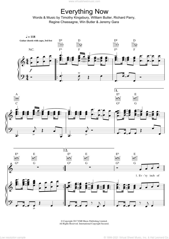 Everything Now sheet music for voice, piano or guitar by Arcade Fire, Jeremy Gara, Regine Chassagne, Richard Parry, Timothy Kingsbury, WIlliam Butler and Win Butler, intermediate skill level