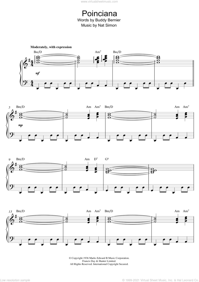 Poinciana sheet music for piano solo by Nat Simon, intermediate skill level
