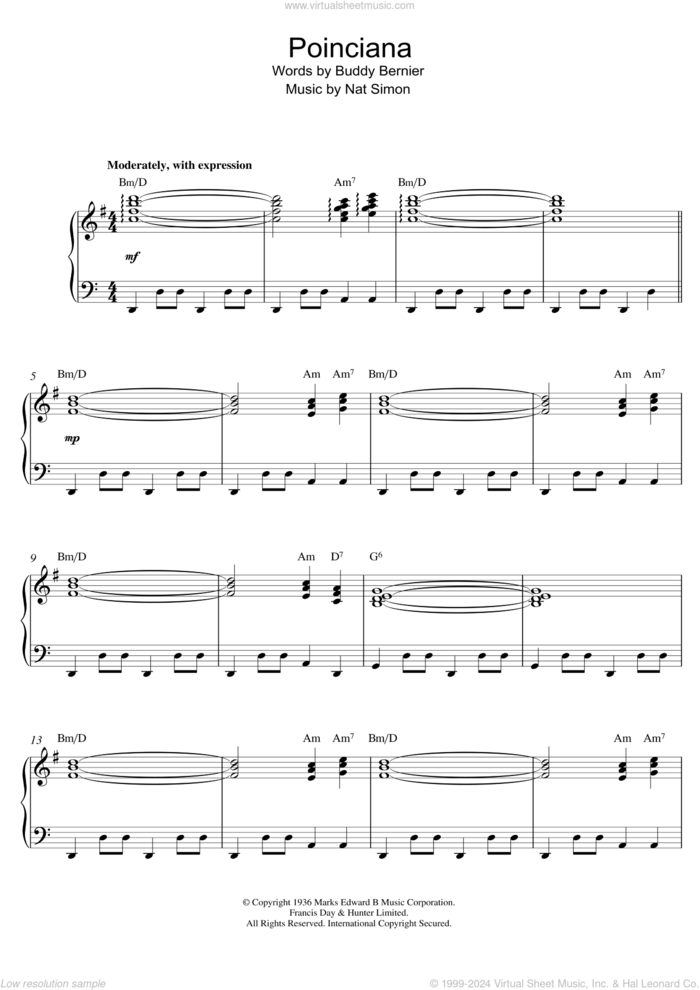 Poinciana sheet music for piano solo by Nat Simon, intermediate skill level