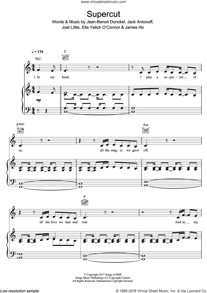 Supercut sheet music for voice, piano or guitar by Lorde, Adam King Feeney, Jack Antonoff and Jean-Benoit Dunckel, intermediate skill level