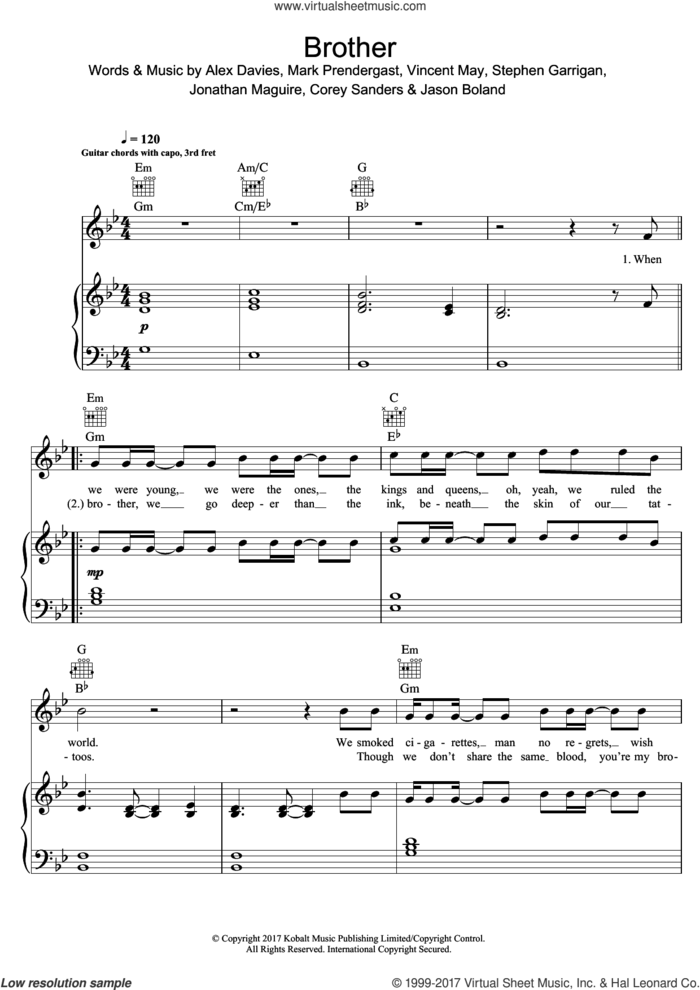 Brother sheet music for voice, piano or guitar by Kodaline, Alex Davies, Corey Sanders, Jason Boland, Jonathan Maguire, Mark Prendergast, Stephen Garrigan and Vincent May, intermediate skill level