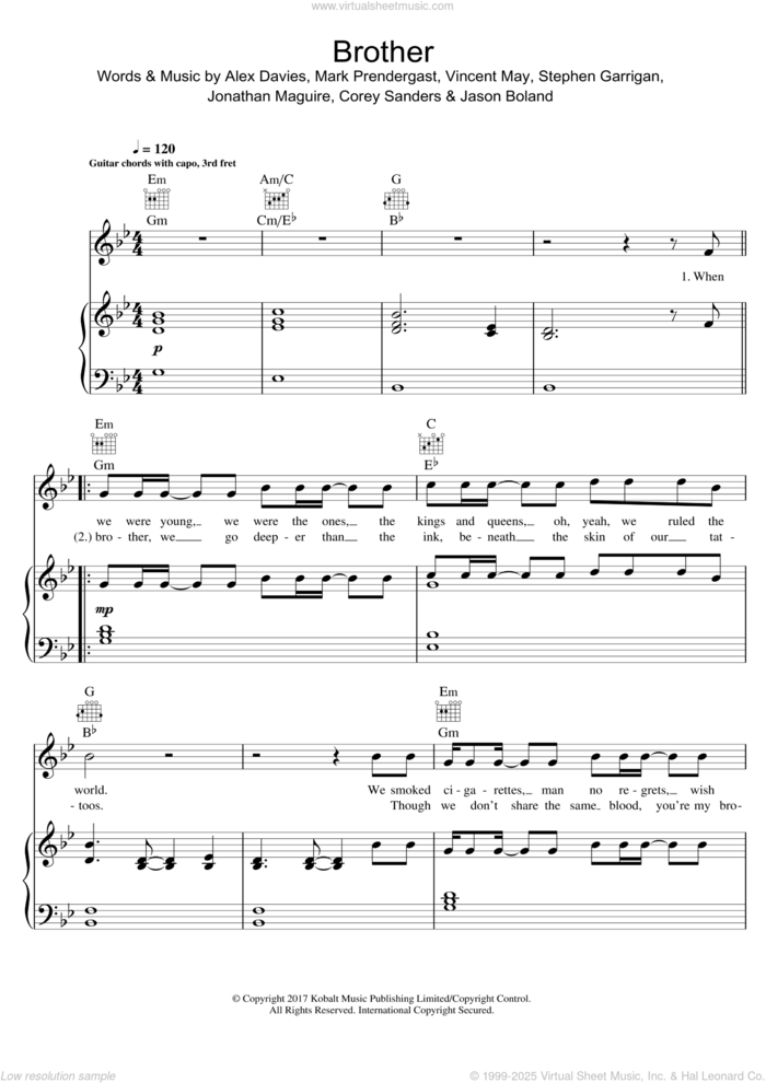 Brother sheet music for voice, piano or guitar by Kodaline, Alex Davies, Corey Sanders, Jason Boland, Jonathan Maguire, Mark Prendergast, Stephen Garrigan and Vincent May, intermediate skill level