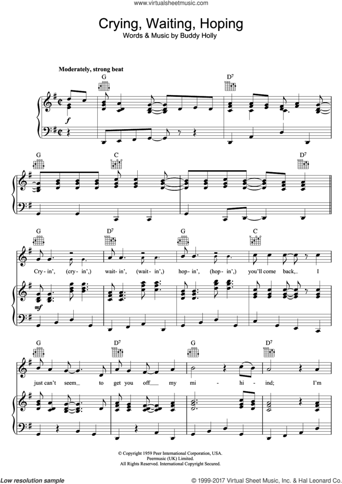 Crying, Waiting, Hoping sheet music for voice, piano or guitar by Buddy Holly, intermediate skill level