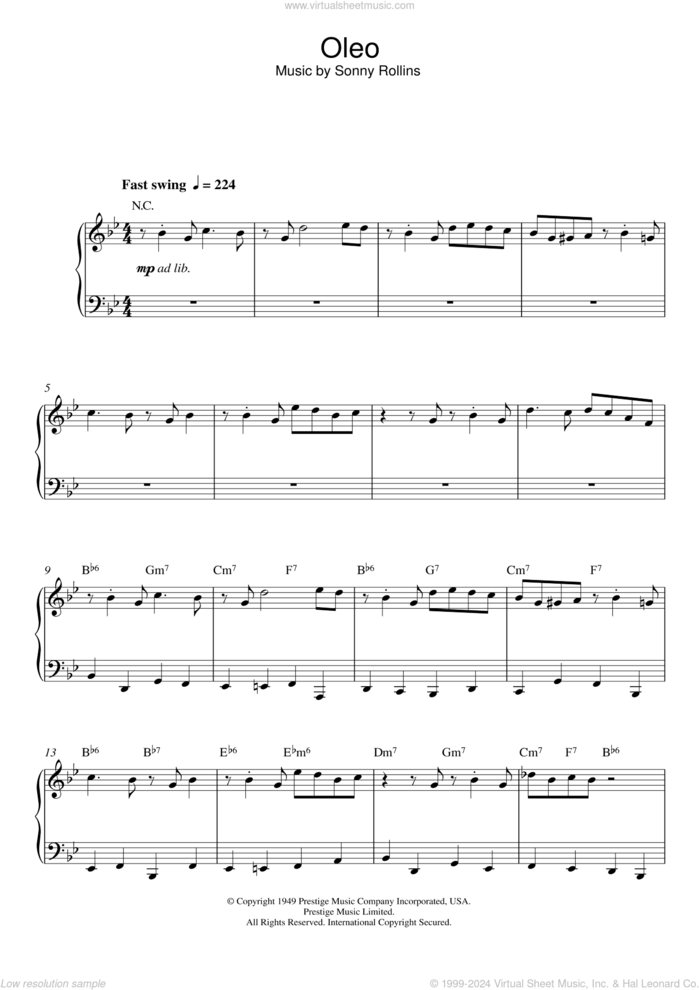 Oleo sheet music for piano solo by Sonny Rollins, intermediate skill level