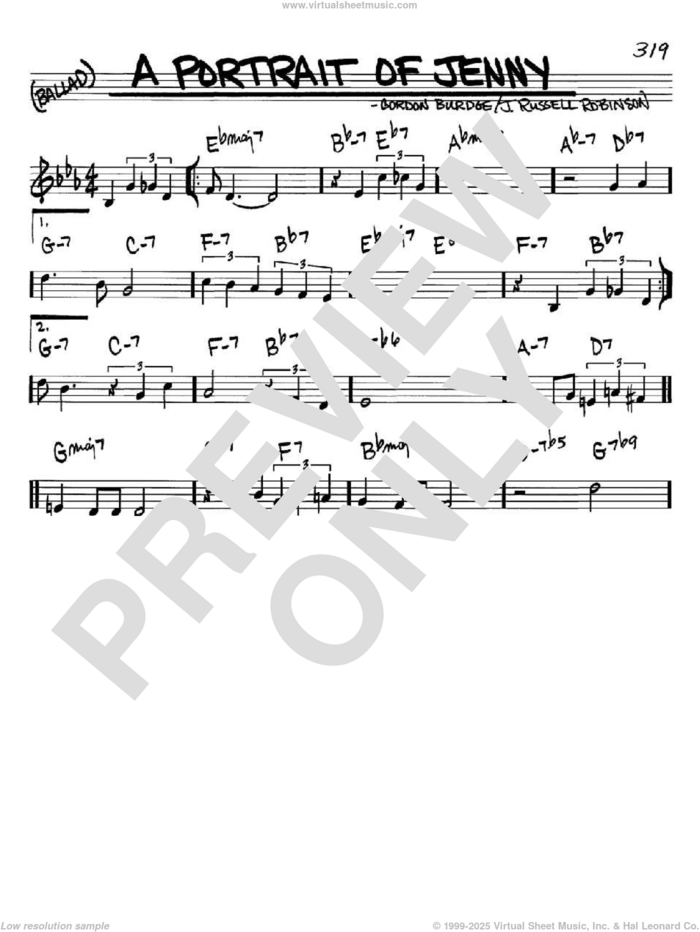 A Portrait of Jenny sheet music for voice and other instruments (in C) by Gordon Burdge and Russell Robinson, intermediate skill level