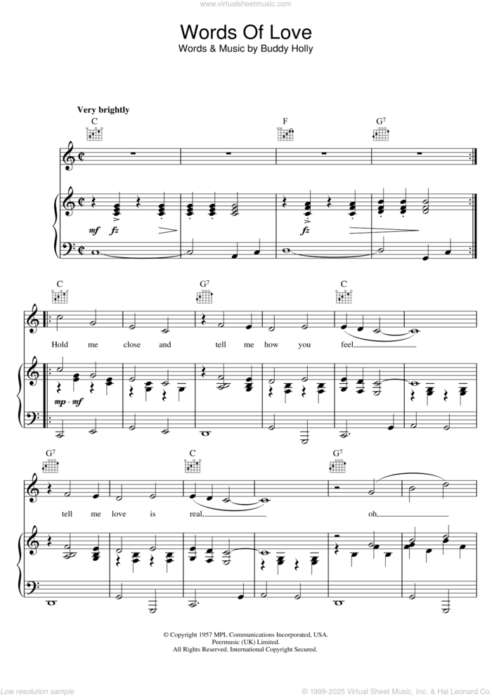 Words Of Love sheet music for voice, piano or guitar by Buddy Holly, intermediate skill level