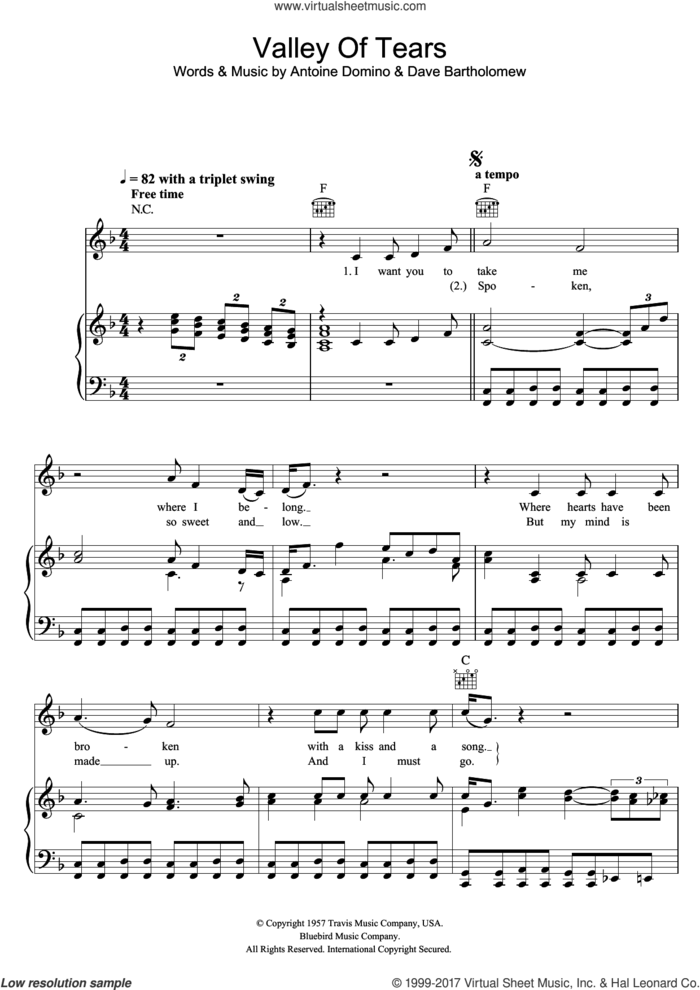 Valley Of Tears sheet music for voice, piano or guitar by Buddy Holly, Dave Bartholomew and Fats Domino, intermediate skill level
