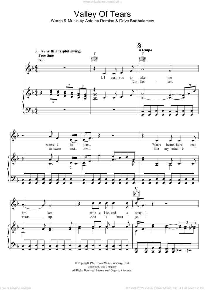 Valley Of Tears sheet music for voice, piano or guitar by Buddy Holly, Dave Bartholomew and Fats Domino, intermediate skill level