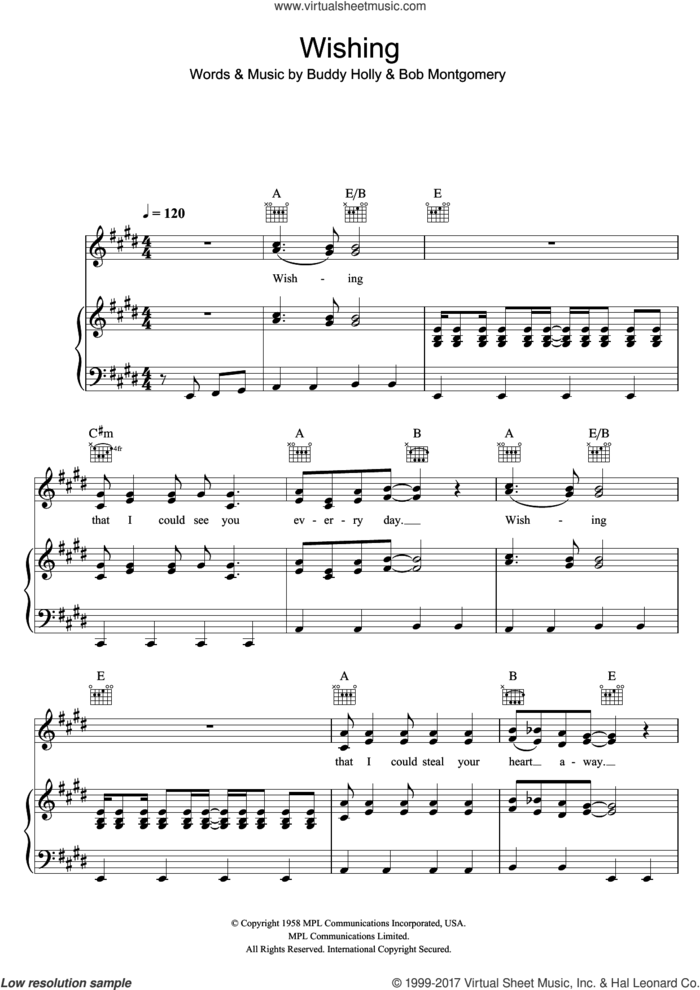 Wishing sheet music for voice, piano or guitar by Buddy Holly and Bob Montgomery, intermediate skill level