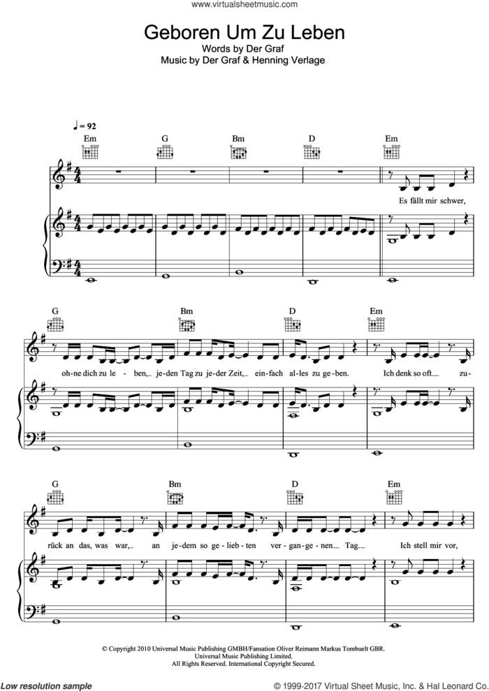 Geboren Um Zu Leben sheet music for voice, piano or guitar by Unheilig, Der Graf and Henning Verlage, intermediate skill level