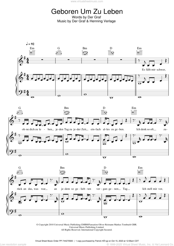 Geboren Um Zu Leben sheet music for voice, piano or guitar by Unheilig, Der Graf and Henning Verlage, intermediate skill level