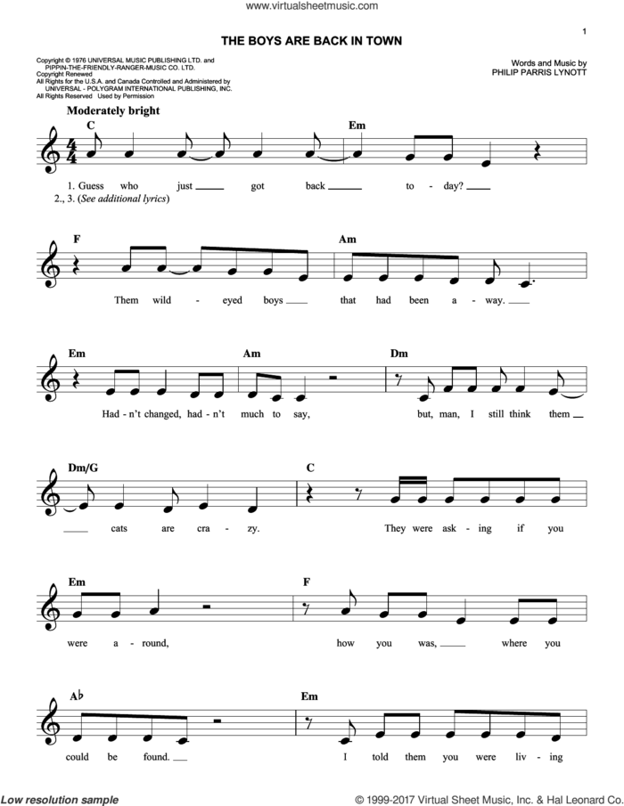 The Boys Are Back In Town sheet music for voice and other instruments (fake book) by Thin Lizzy and Phil Lynott, easy skill level