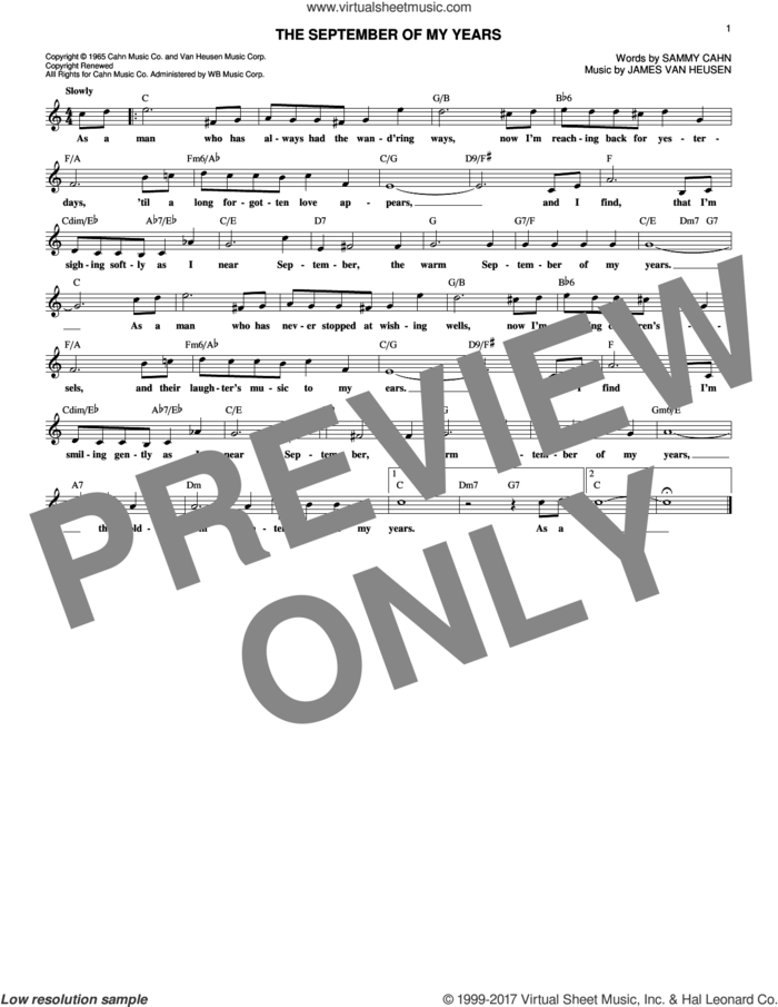 The September Of My Years sheet music for voice and other instruments (fake book) by Frank Sinatra, Jimmy van Heusen and Sammy Cahn, intermediate skill level