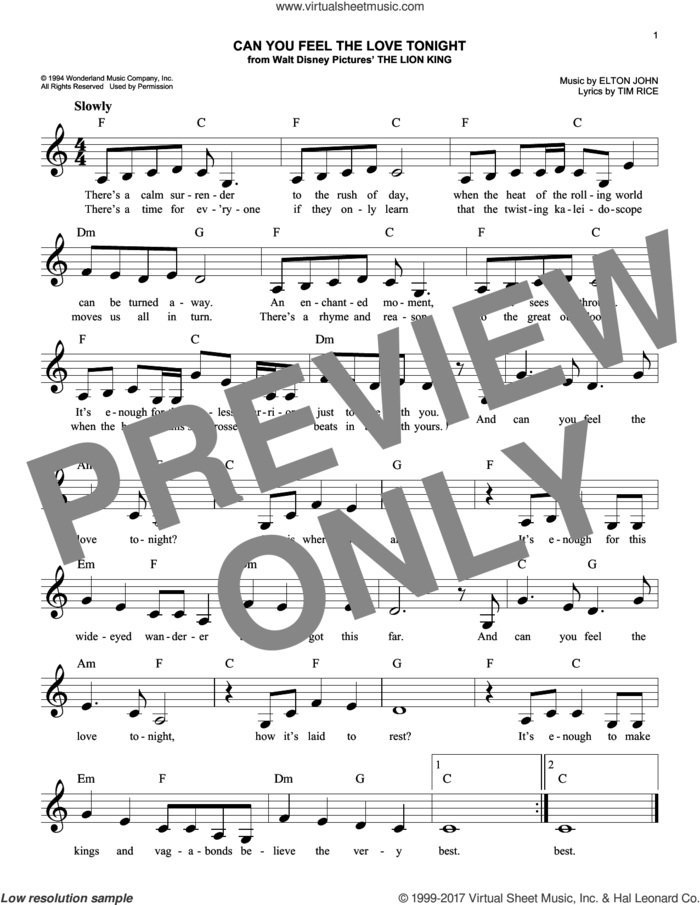 Can You Feel The Love Tonight (from The Lion King) sheet music for voice and other instruments (fake book) by Elton John and Tim Rice, wedding score, easy skill level