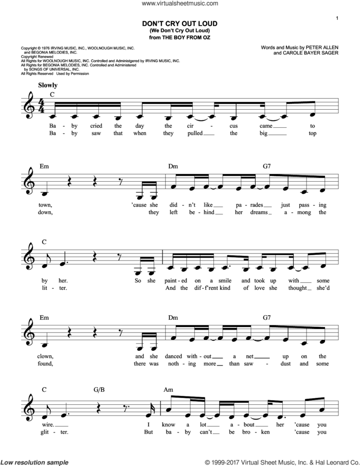 Don't Cry Out Loud (We Don't Cry Out Loud) (from The Boy From Oz) sheet music for voice and other instruments (fake book) by Melissa Manchester, Carole Bayer Sager and Peter Allen, easy skill level