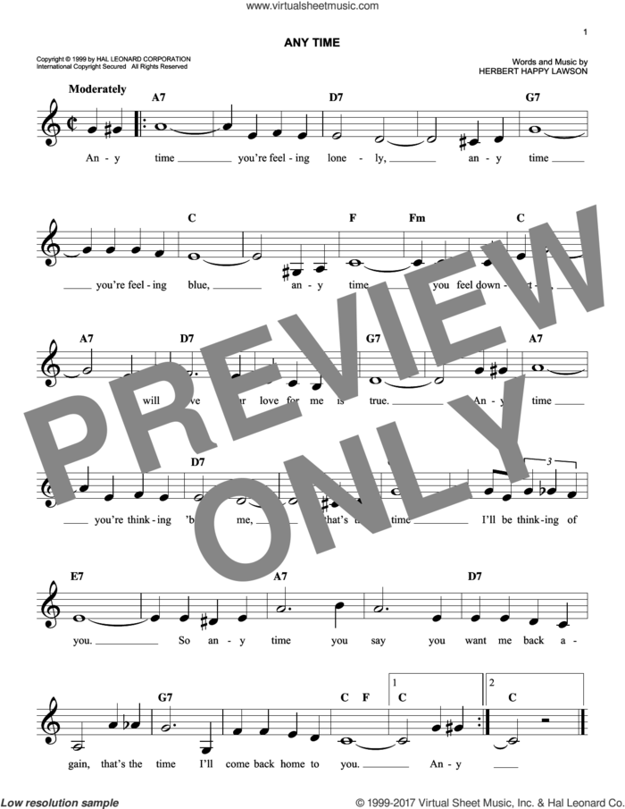 Any Time sheet music for voice and other instruments (fake book) by Herbert Happy Lawson and Eddy Arnold, easy skill level