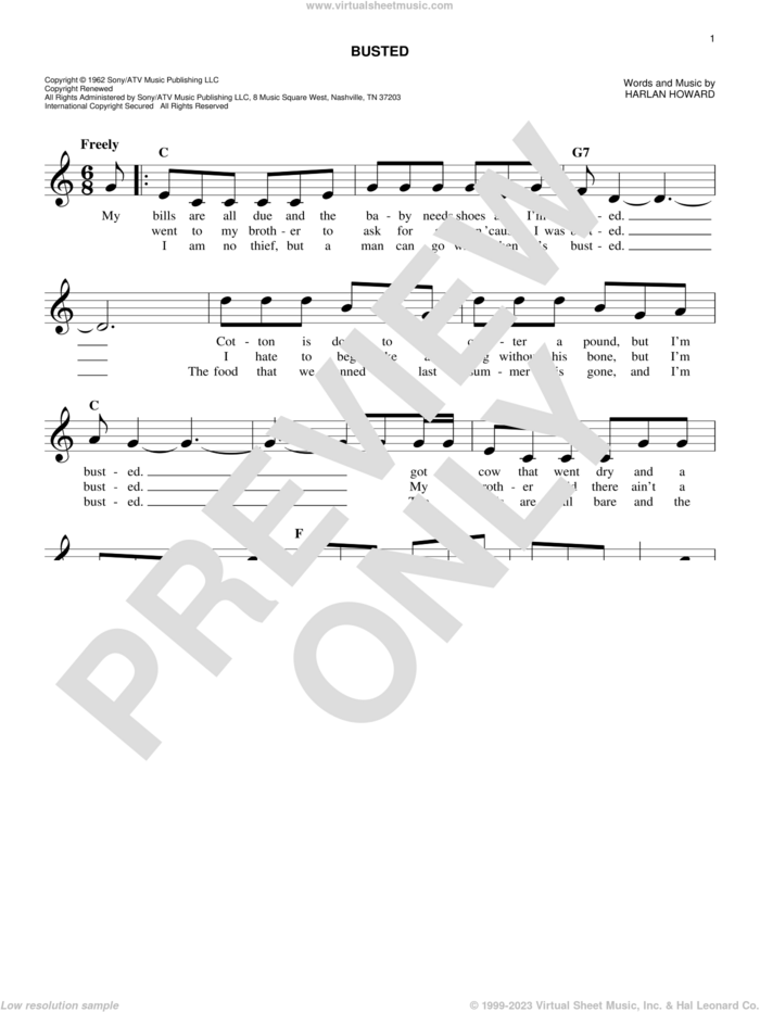 Busted sheet music for voice and other instruments (fake book) by Harlan Howard, John Conlee, Johnny Cash and Ray Charles, easy skill level