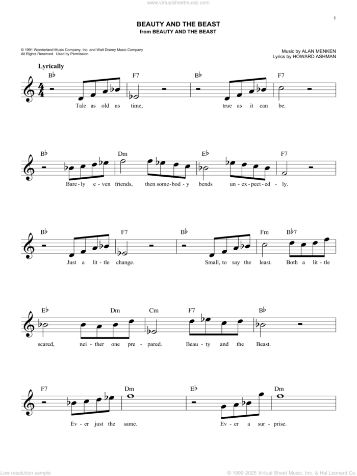 Beauty And The Beast sheet music for voice and other instruments (fake book) by Alan Menken & Howard Ashman, Celine Dion & Peabo Bryson, Alan Menken and Howard Ashman, wedding score, easy skill level