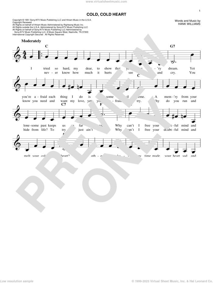 Cold, Cold Heart sheet music for voice and other instruments (fake book) by Hank Williams, intermediate skill level