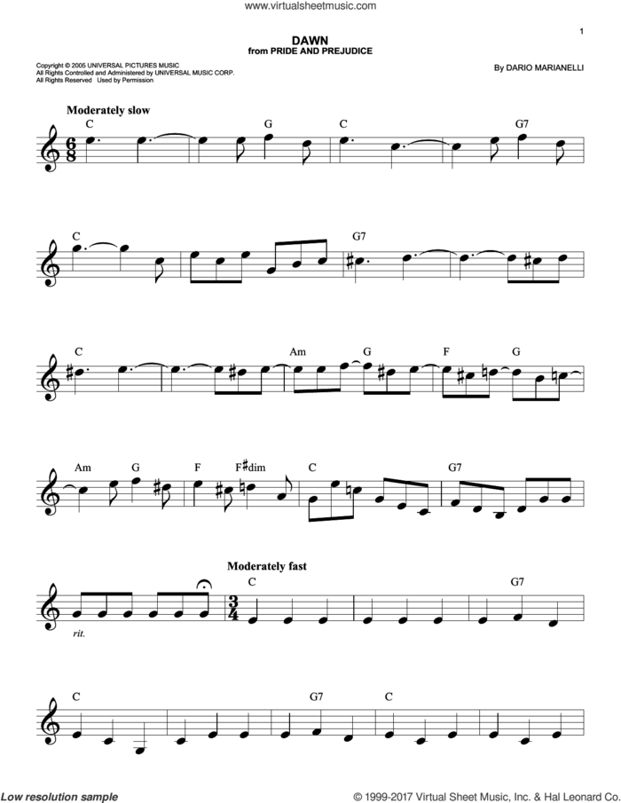 Dawn (from Pride And Prejudice) sheet music for voice and other instruments (fake book) by Dario Marianelli, easy skill level