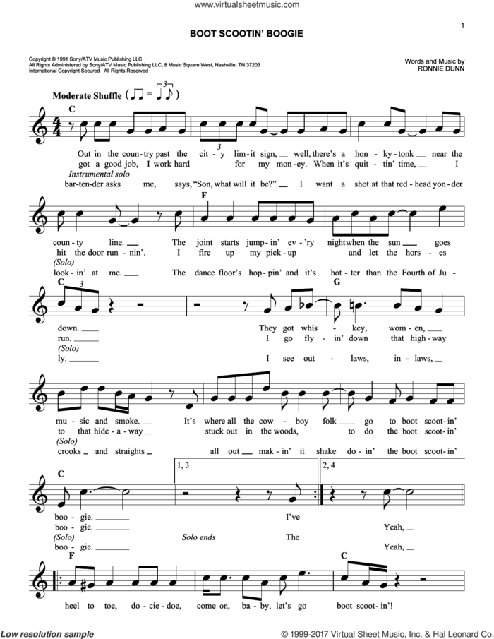Boot Scootin' Boogie sheet music for voice and other instruments (fake book) by Brooks & Dunn and Ronnie Dunn, easy skill level