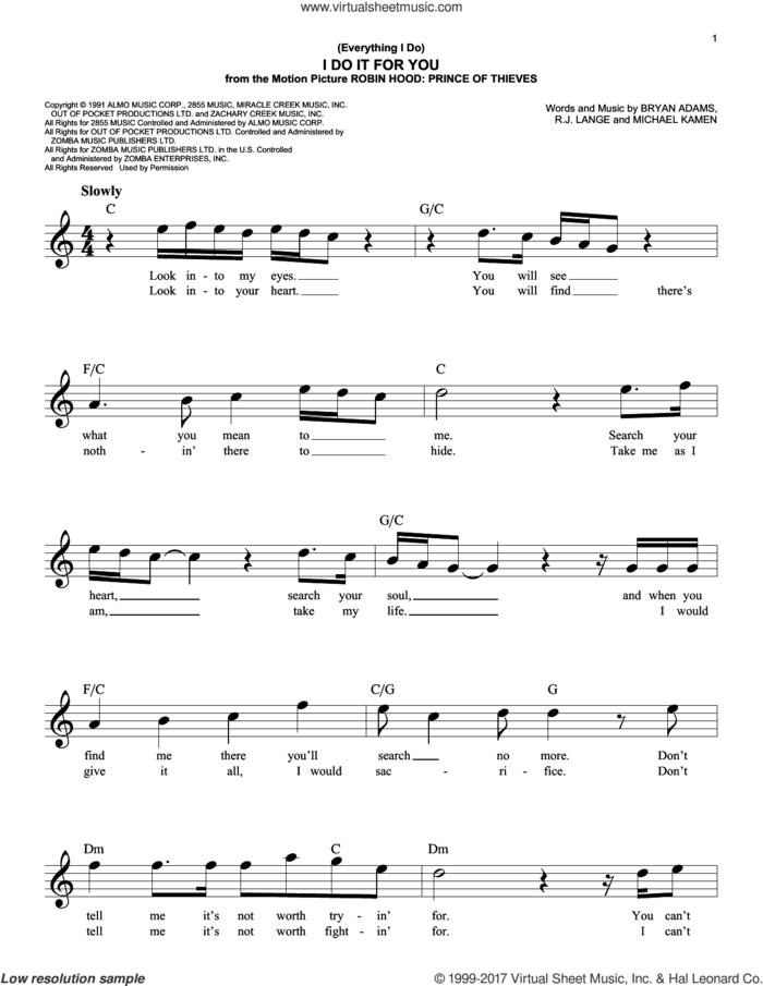 (Everything I Do) I Do It For You sheet music for voice and other instruments (fake book) by Bryan Adams, Michael Kamen and Robert John Lange, easy skill level