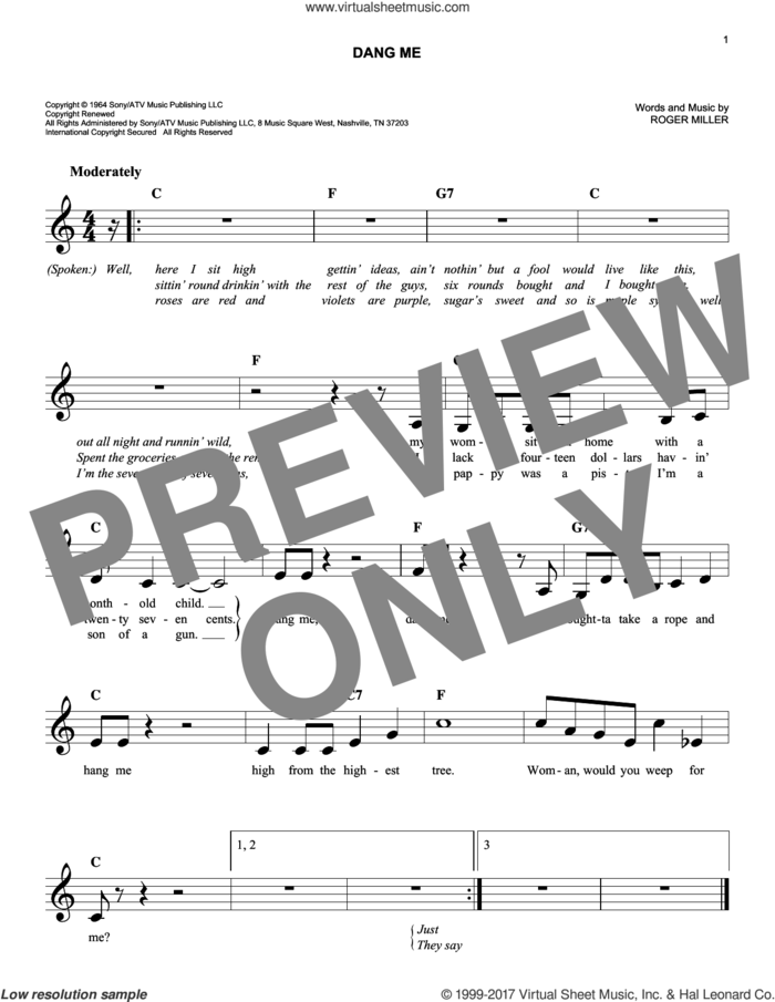 Dang Me sheet music for voice and other instruments (fake book) by Roger Miller, easy skill level