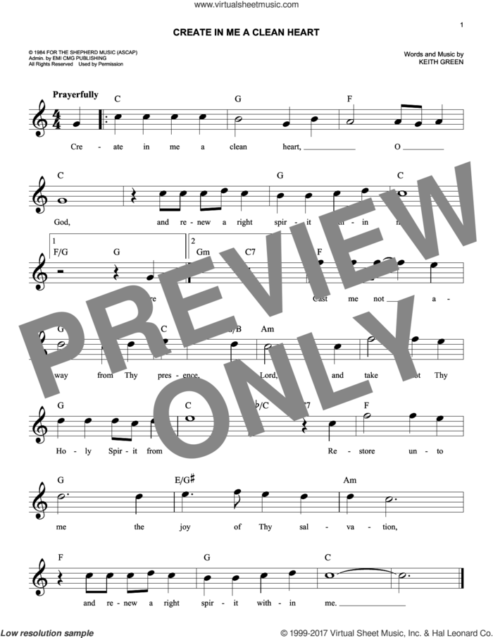 Create In Me A Clean Heart sheet music for voice and other instruments (fake book) by Keith Green, easy skill level