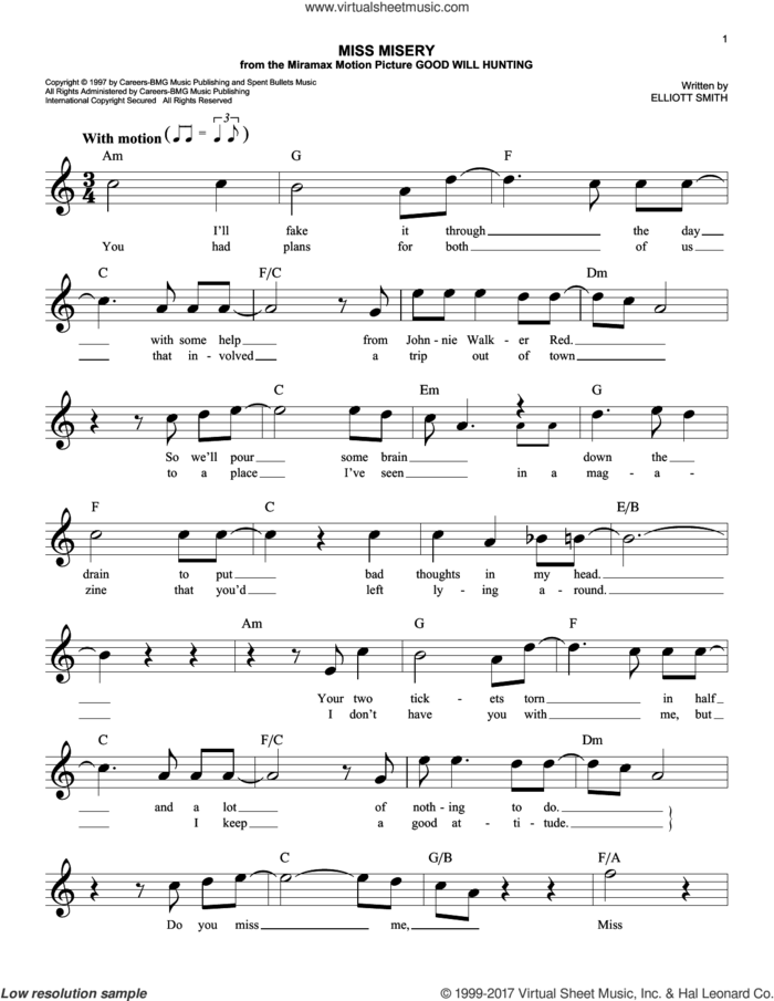 Miss Misery sheet music for voice and other instruments (fake book) by Elliott Smith, easy skill level