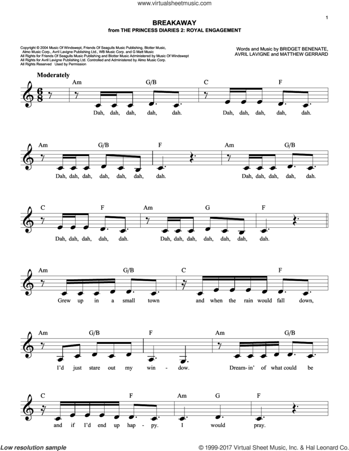 Breakaway sheet music for voice and other instruments (fake book) by Kelly Clarkson, Avril Lavigne, Bridget Benenate and Matthew Gerrard, easy skill level