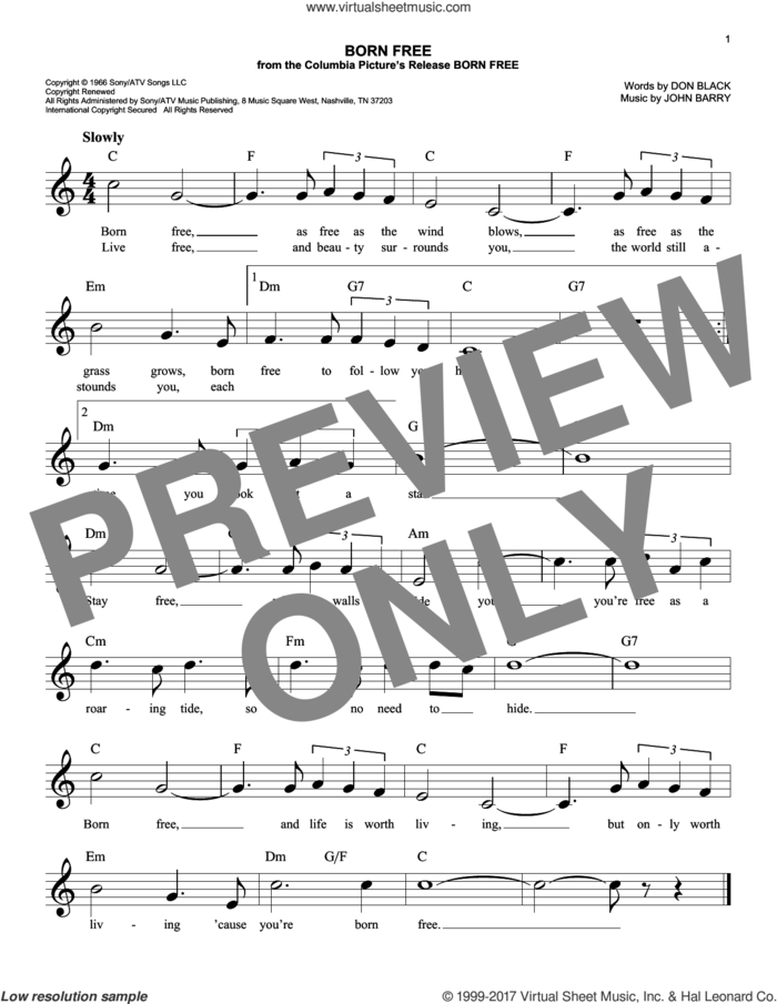 Born Free sheet music for voice and other instruments (fake book) by Roger Williams, Don Black and John Barry, intermediate skill level