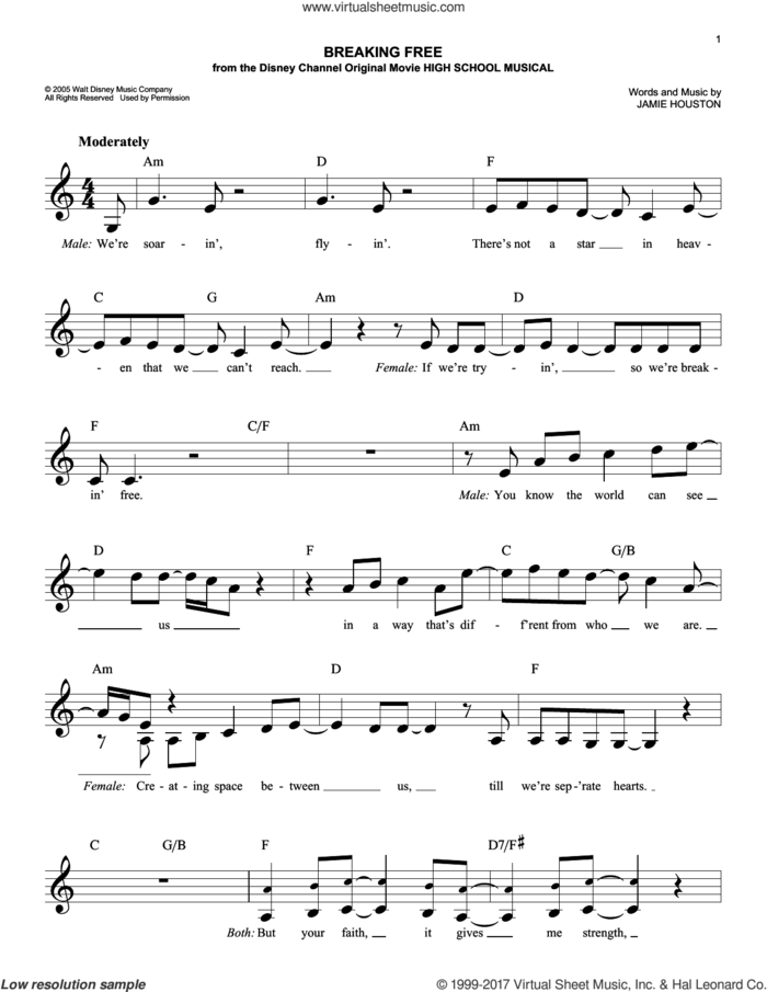 Breaking Free (from High School Musical) sheet music for voice and other instruments (fake book) by Jamie Houston and Zac Efron and Vanessa Anne Hudgens, easy skill level