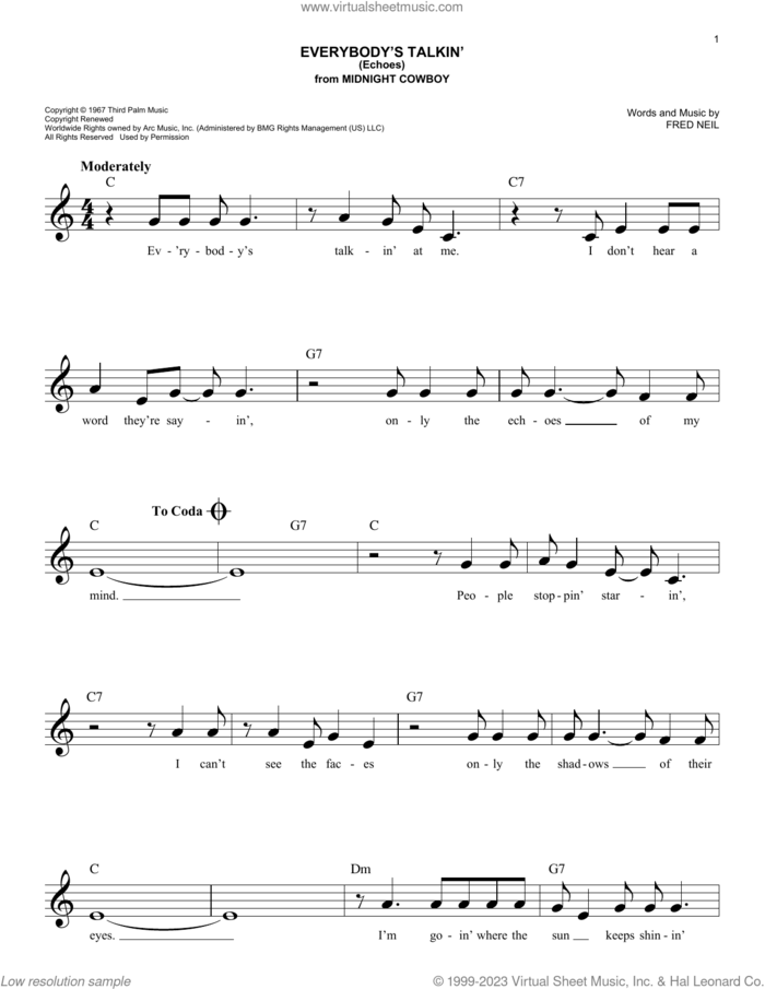 Everybody's Talkin' (Echoes) sheet music for voice and other instruments (fake book) by Harry Nilsson and Fred Neil, easy skill level