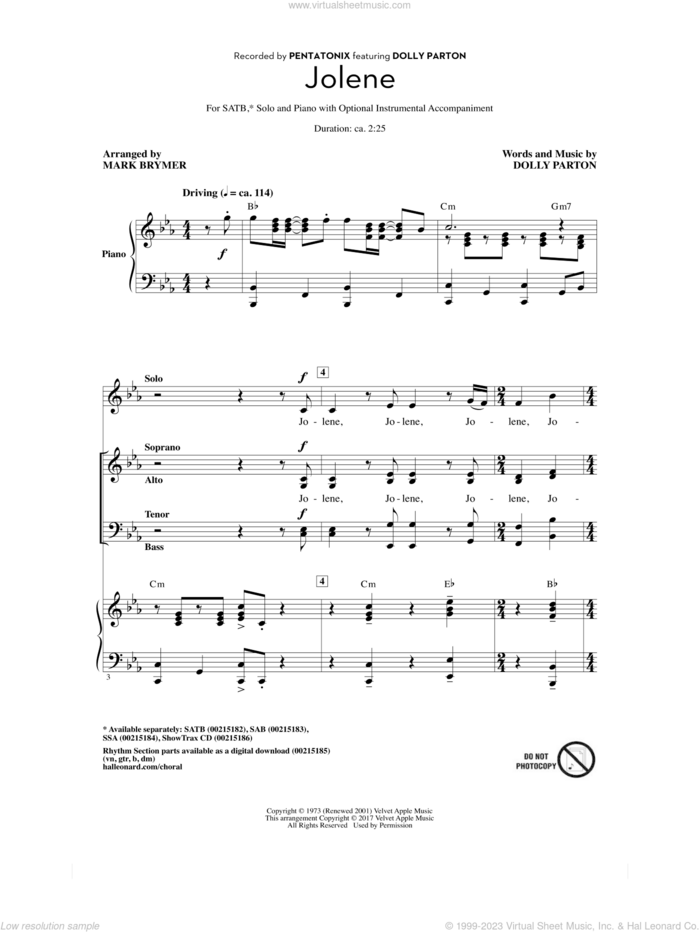 Jolene (feat. Dolly Parton) (arr. Mark Brymer) sheet music for choir (SATB: soprano, alto, tenor, bass) by Dolly Parton, Mark Brymer and Pentatonix, intermediate skill level