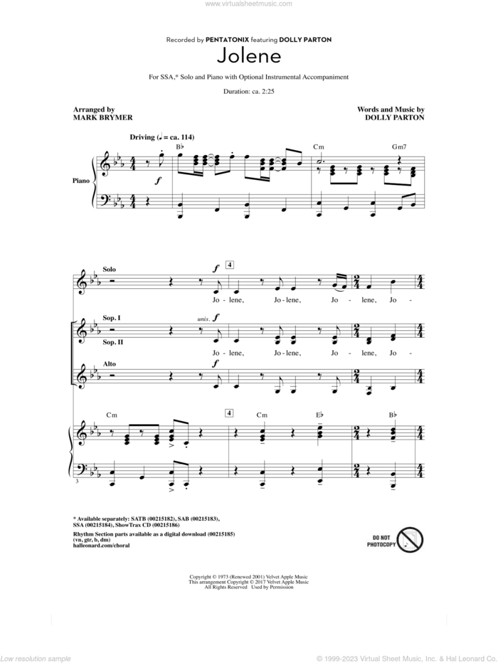 Jolene (feat. Dolly Parton) (arr. Mark Brymer) sheet music for choir (SSA: soprano, alto) by Dolly Parton, Mark Brymer and Pentatonix, intermediate skill level