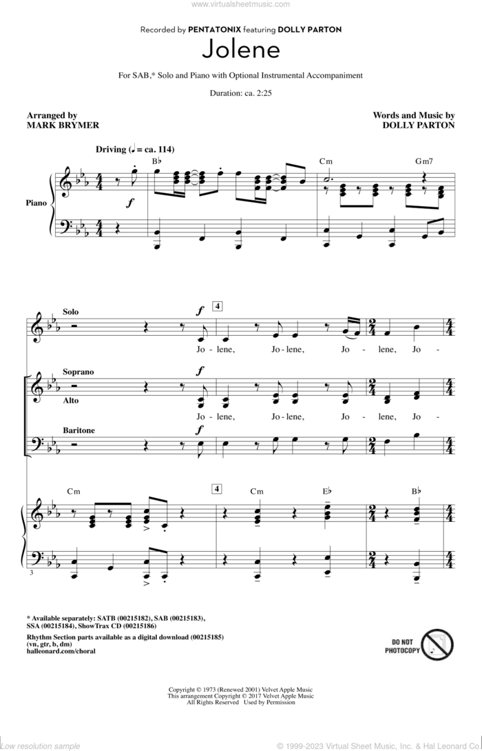 Jolene (feat. Dolly Parton) (arr. Mark Brymer) sheet music for choir (SAB: soprano, alto, bass) by Dolly Parton, Mark Brymer and Pentatonix, intermediate skill level