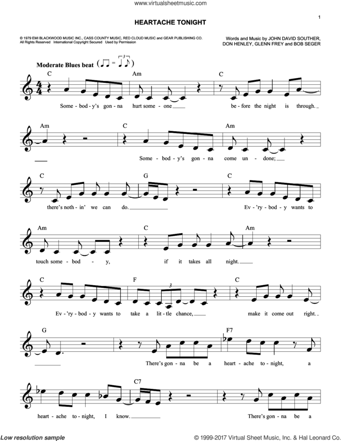 Heartache Tonight sheet music for voice and other instruments (fake book) by Bob Seger, The Eagles, Don Henley, Glenn Frey and John David Souther, easy skill level