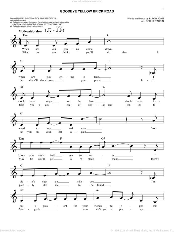 Goodbye Yellow Brick Road sheet music for voice and other instruments (fake book) by Elton John and Bernie Taupin, easy skill level