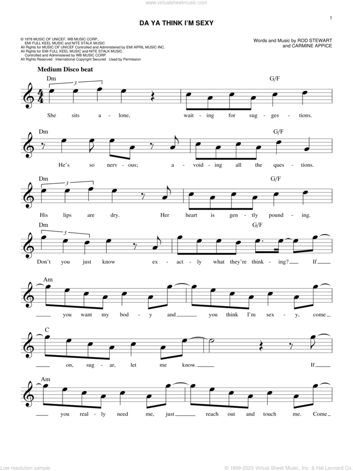 Da Ya Think I'm Sexy sheet music for voice and other instruments (fake book) by Rod Stewart and Carmine Appice, intermediate skill level