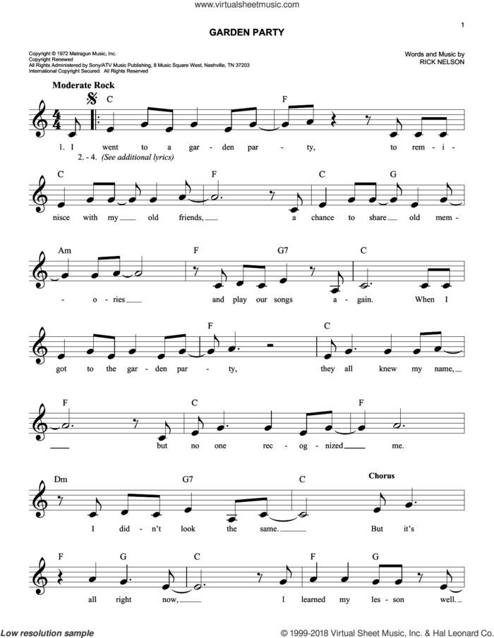 Garden Party sheet music for voice and other instruments (fake book) by Ricky Nelson, intermediate skill level